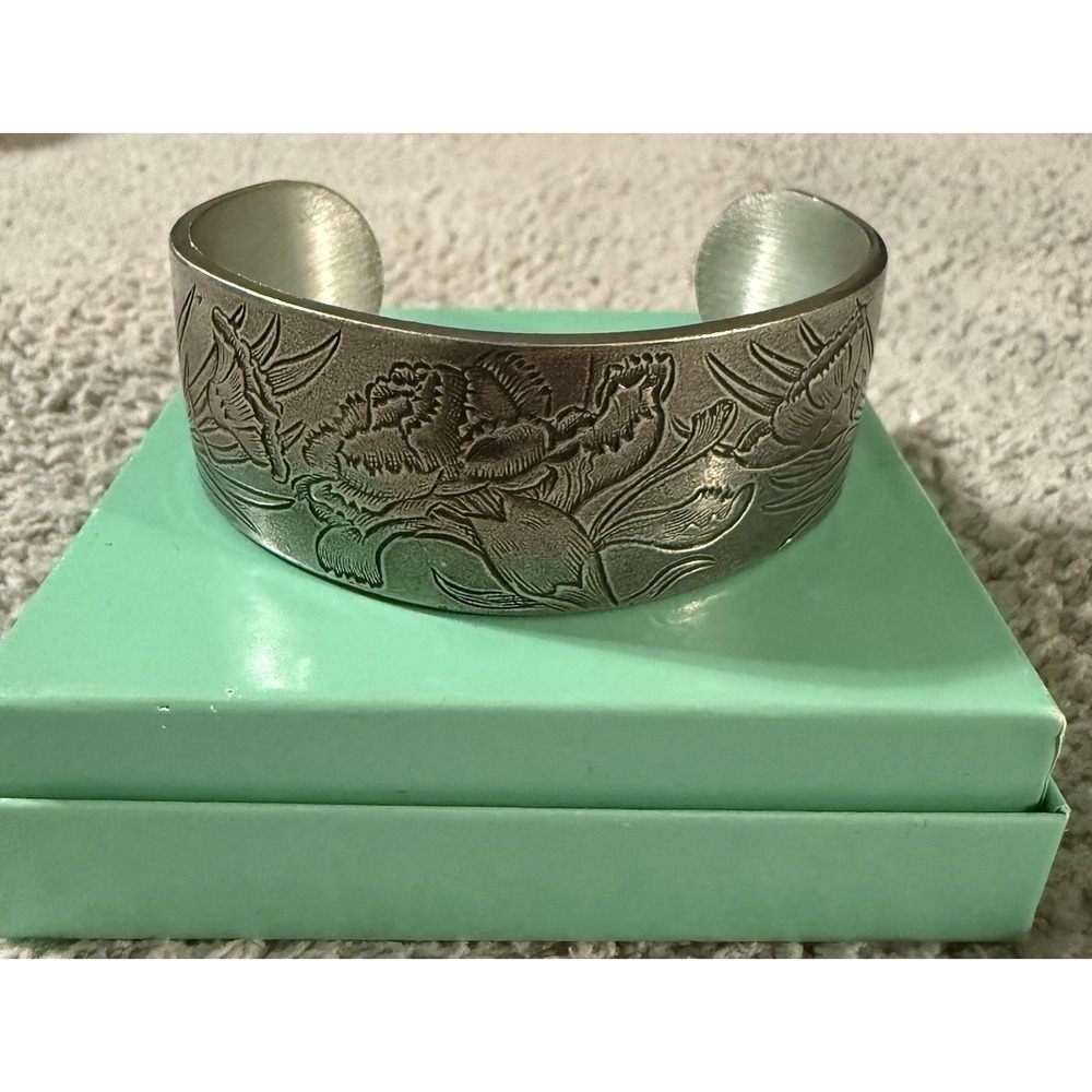 Salisbury Pewter January Vintage Large Pewter Cuff Bracelet Flowers Western Gift
